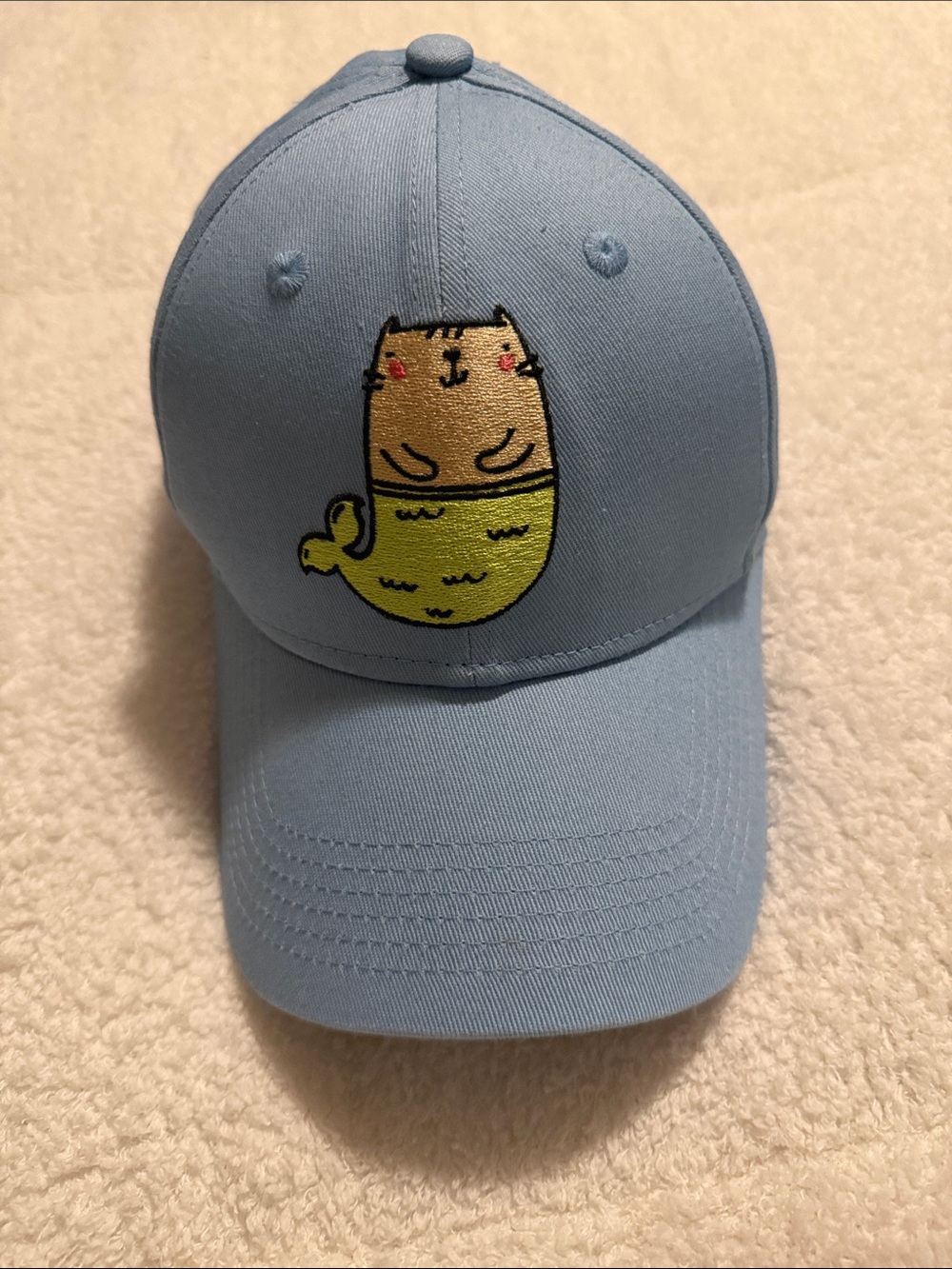 Light Blue Cat Mermaid Cap with Cute Embroidered Design